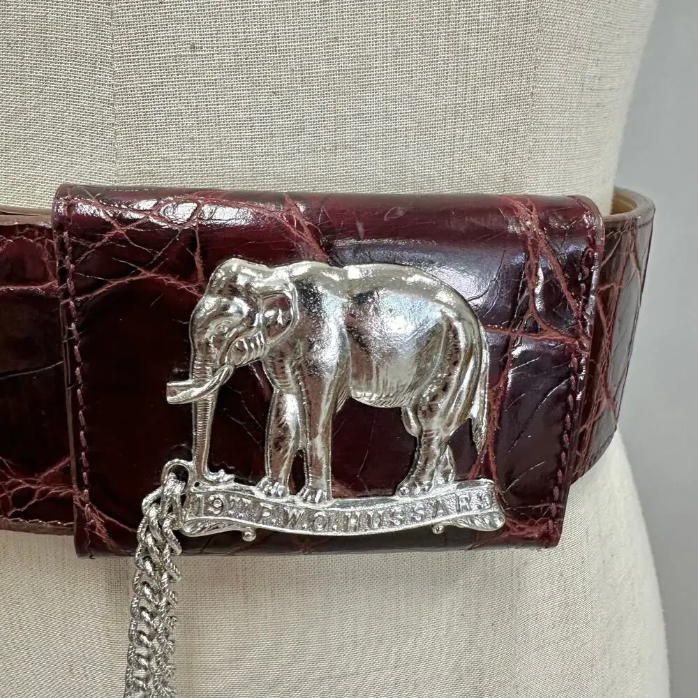 Catherine‎ Carson burgundy leather strap belt silver elephant & drop chain small